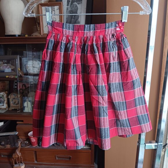 20" 20W Vtg 50s ROCKABILLY COUNTRY COTTON RED PLAID PRINT COTTON SIDE ZIP Skirt - Picture 1 of 6